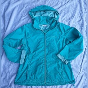 Columbia Women’s Sz L Aqua Teal Hooded Rain Jacket Lightweight Windbreaker